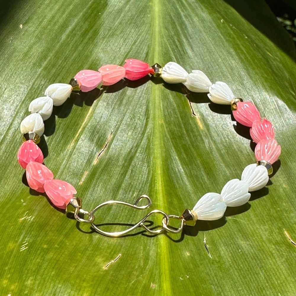 Pink White Carved Pikake Beaded Bracelet Gold-Filled Hook Clasp Floral Handmade